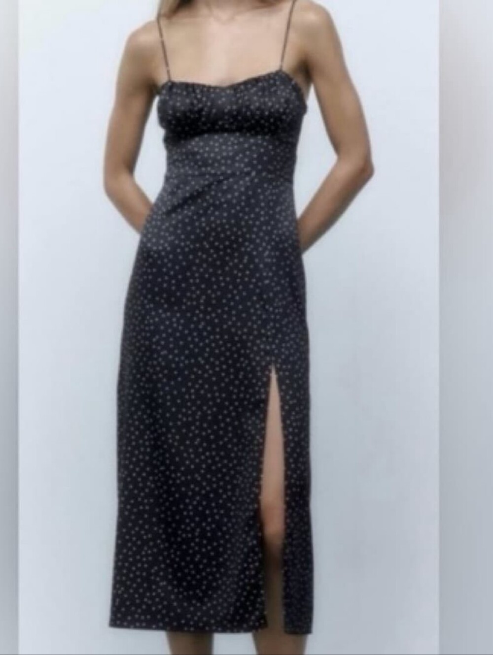 Zara Satin Effect Polka Dot Midi Dress M 90s Slip Sweetheart Slit Date Night Y2K